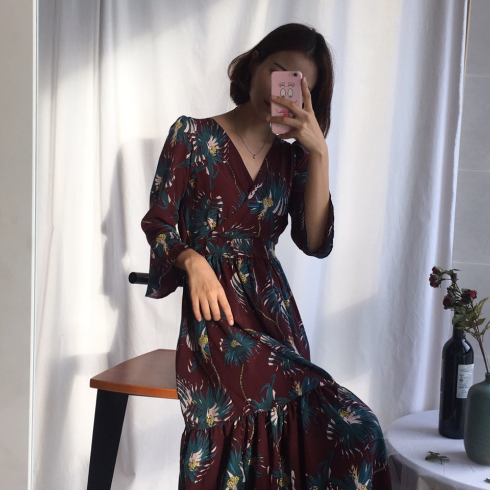 New Women Dress Shirring Flower Dress Black Wine 2