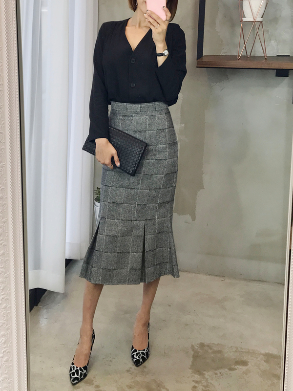 Mermaid Herringbone Check Pleated Skirt 2color Sho