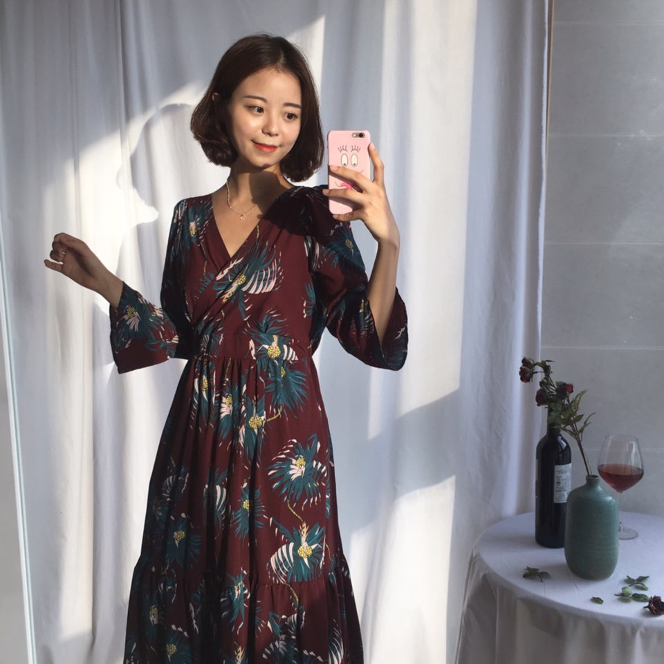 New Women Dress Shirring Flower Dress Black Wine 2