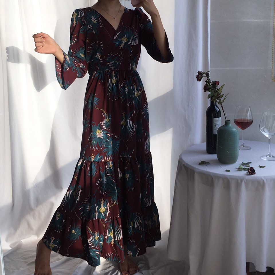 New Women Dress Shirring Flower Dress Black Wine 2