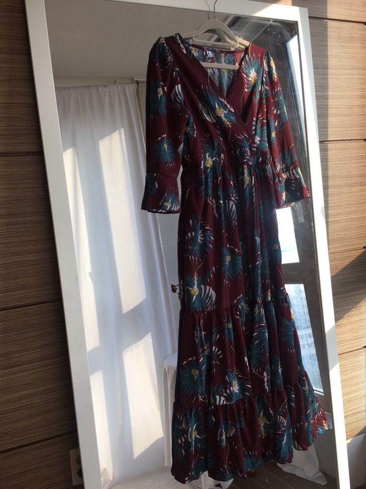 New Women Dress Shirring Flower Dress Black Wine 2