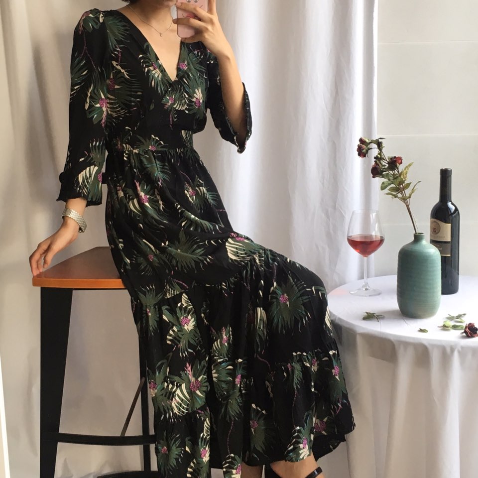New Women Dress Shirring Flower Dress Black Wine 2