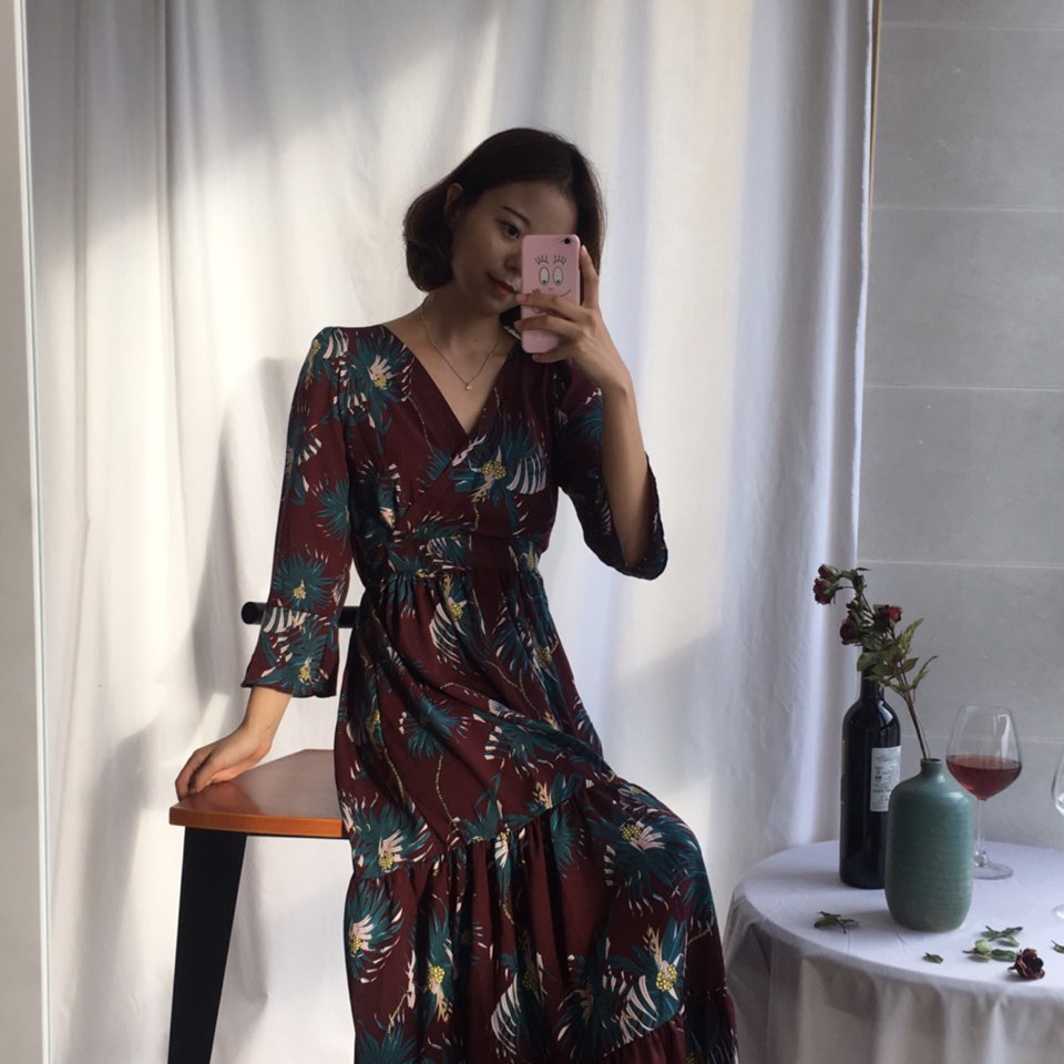 New Women Dress Shirring Flower Dress Black Wine 2