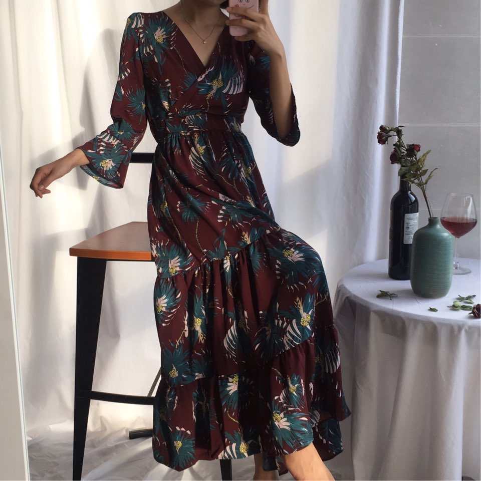 New Women Dress Shirring Flower Dress Black Wine 2