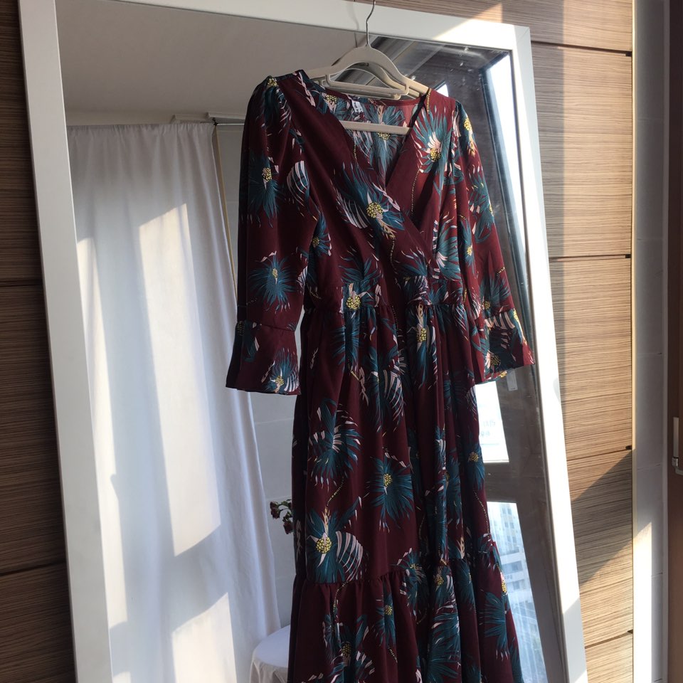 New Women Dress Shirring Flower Dress Black Wine 2