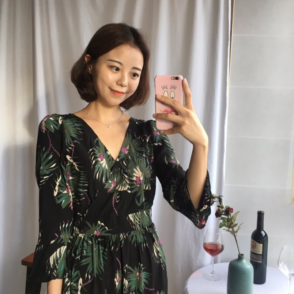 New Women Dress Shirring Flower Dress Black Wine 2