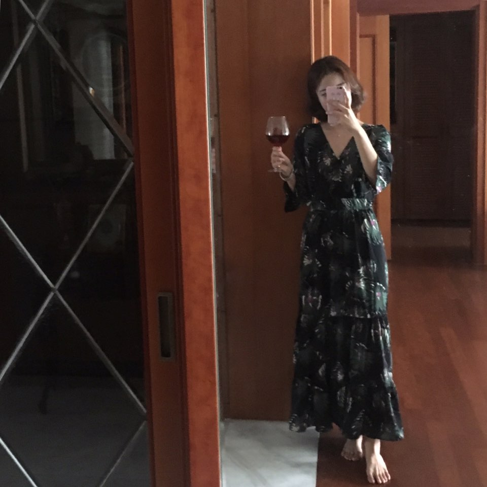 New Women Dress Shirring Flower Dress Black Wine 2