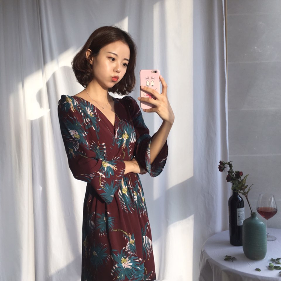 New Women Dress Shirring Flower Dress Black Wine 2