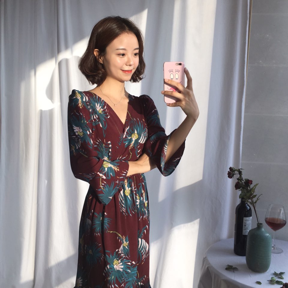 New Women Dress Shirring Flower Dress Black Wine 2