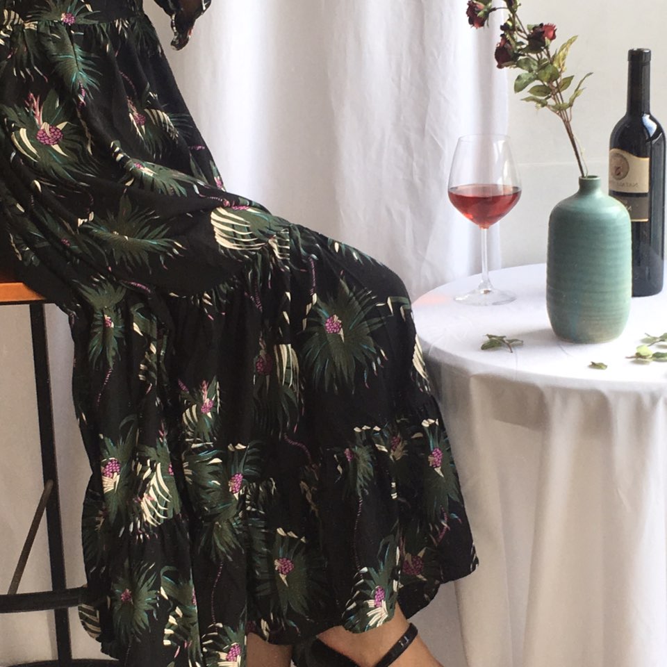 New Women Dress Shirring Flower Dress Black Wine 2