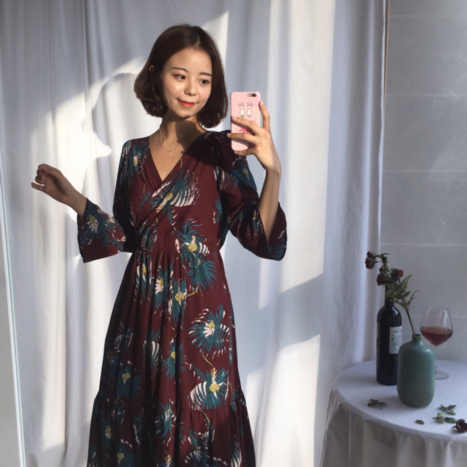 New Women Dress Shirring Flower Dress Black Wine 2