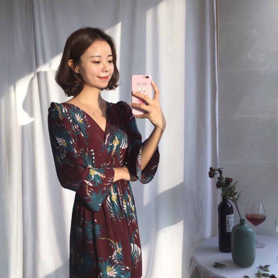 New Women Dress Shirring Flower Dress Black Wine 2