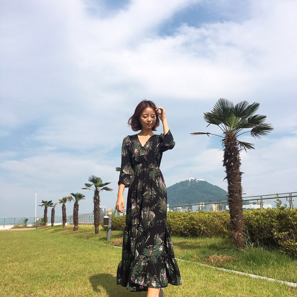 New Women Dress Shirring Flower Dress Black Wine 2