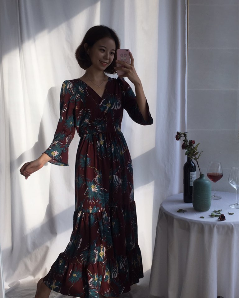 New Women Dress Shirring Flower Dress Black Wine 2