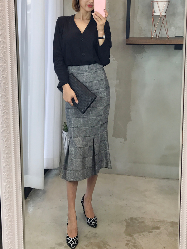 Mermaid Herringbone Check Pleated Skirt 2color Sho