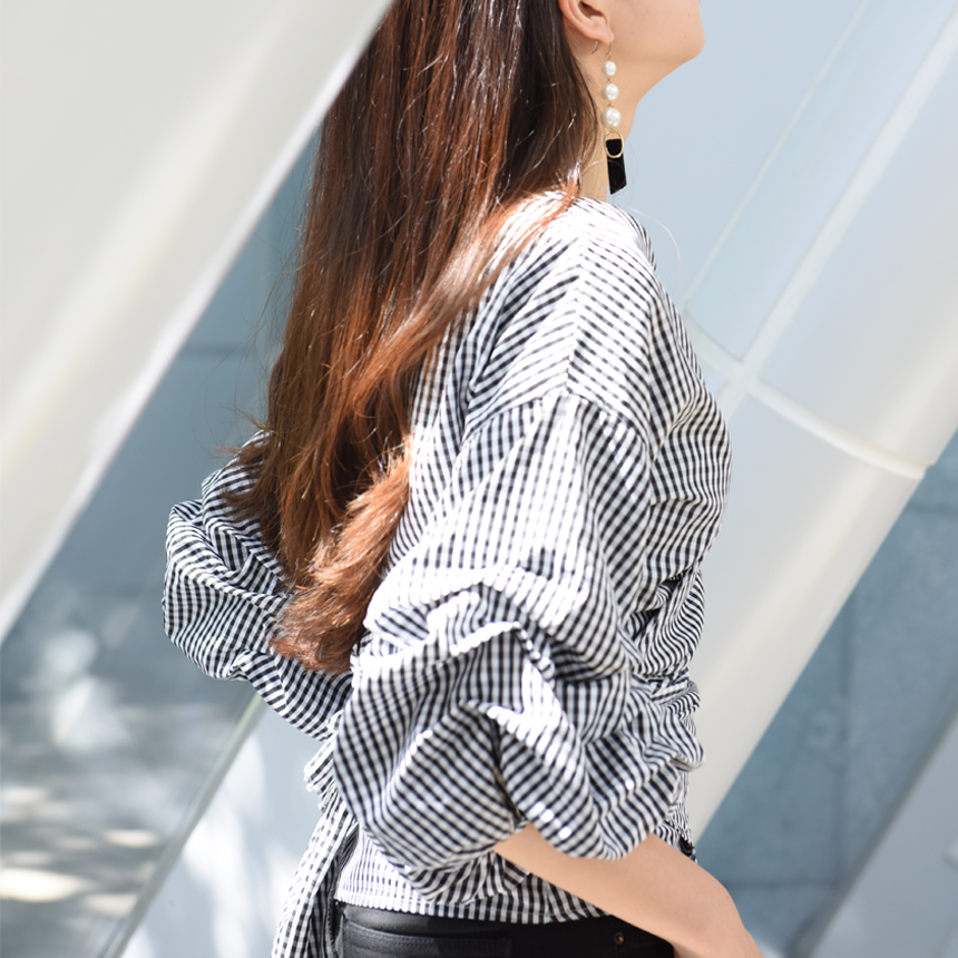 Women Blouses Check Puff Sleeves Wrap Blouse Uniqu