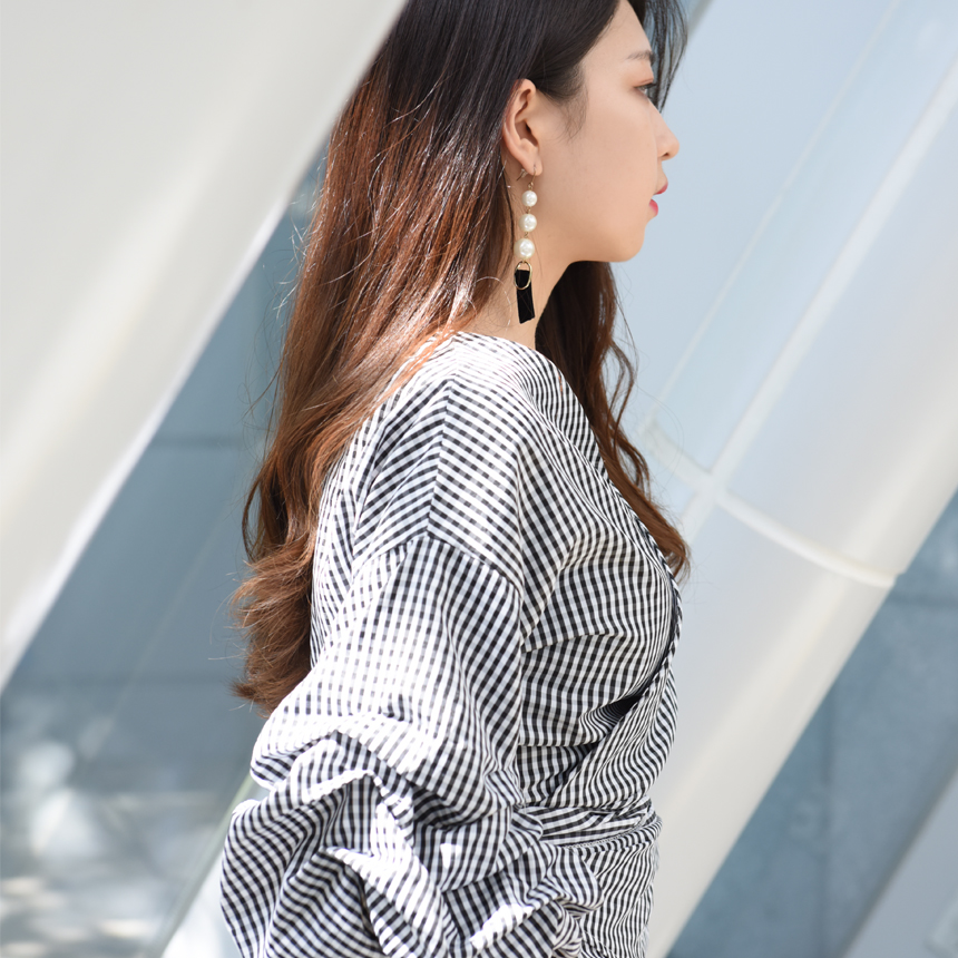 Women Blouses Check Puff Sleeves Wrap Blouse Uniqu