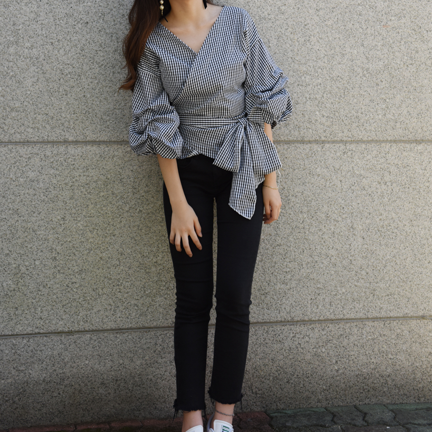 Women Blouses Check Puff Sleeves Wrap Blouse Uniqu