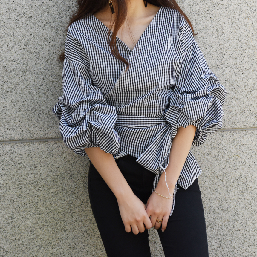 Women Blouses Check Puff Sleeves Wrap Blouse Uniqu