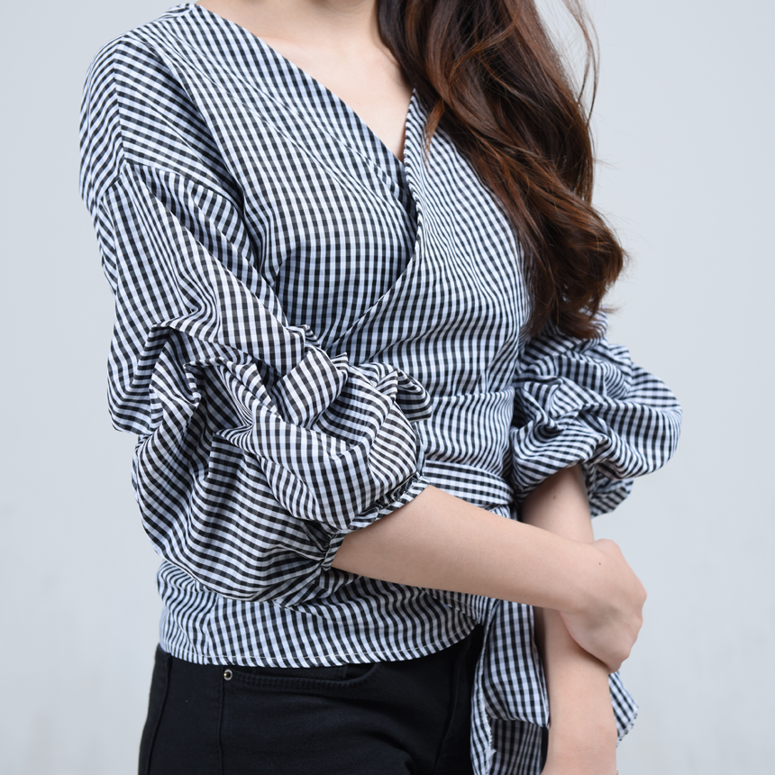Women Blouses Check Puff Sleeves Wrap Blouse Uniqu