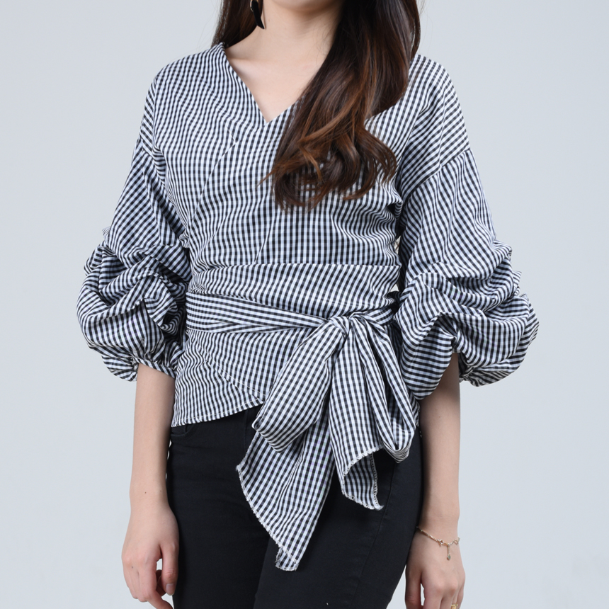Women Blouses Check Puff Sleeves Wrap Blouse Uniqu