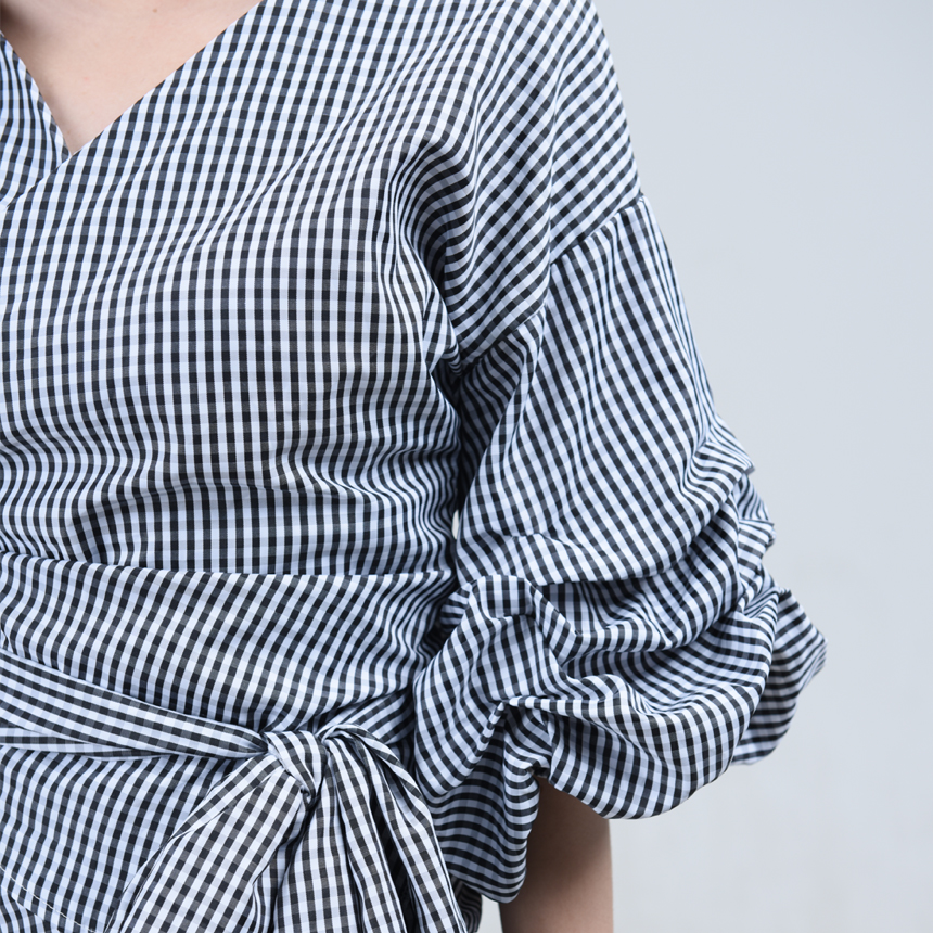 Women Blouses Check Puff Sleeves Wrap Blouse Uniqu