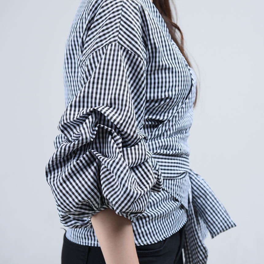Women Blouses Check Puff Sleeves Wrap Blouse Uniqu