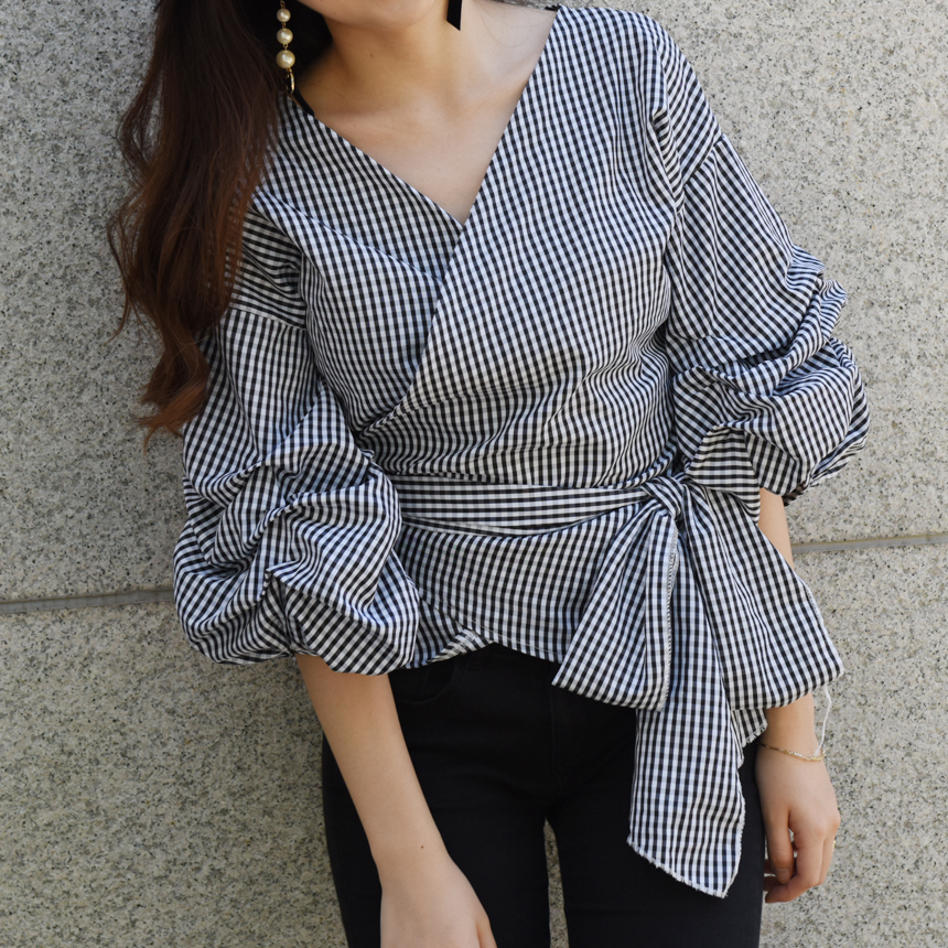 Women Blouses Check Puff Sleeves Wrap Blouse Uniqu