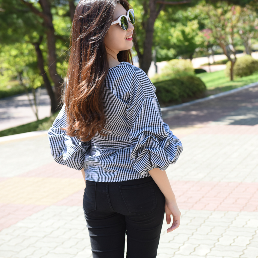 Women Blouses Check Puff Sleeves Wrap Blouse Uniqu