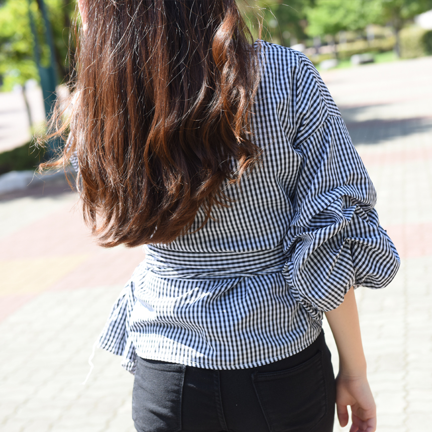 Women Blouses Check Puff Sleeves Wrap Blouse Uniqu