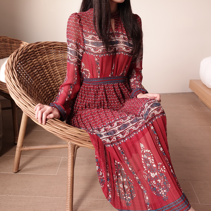 New Women Dress mood antique flower pattern autumn