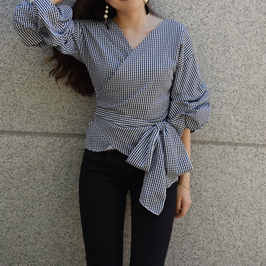 Women Blouses Check Puff Sleeves Wrap Blouse Uniqu
