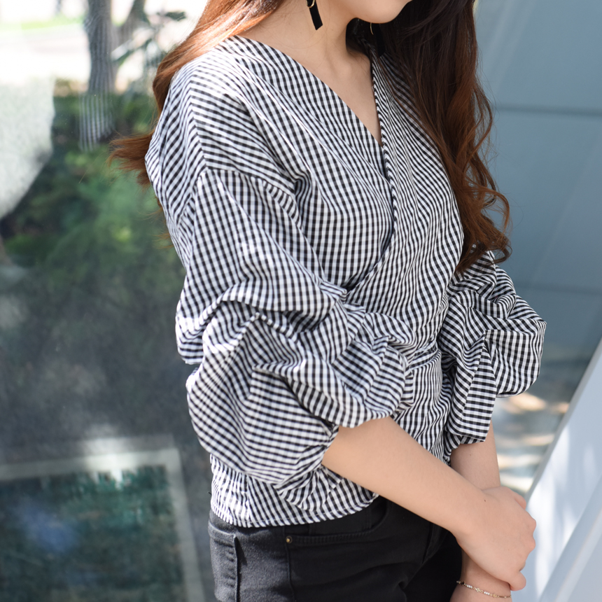 Women Blouses Check Puff Sleeves Wrap Blouse Uniqu
