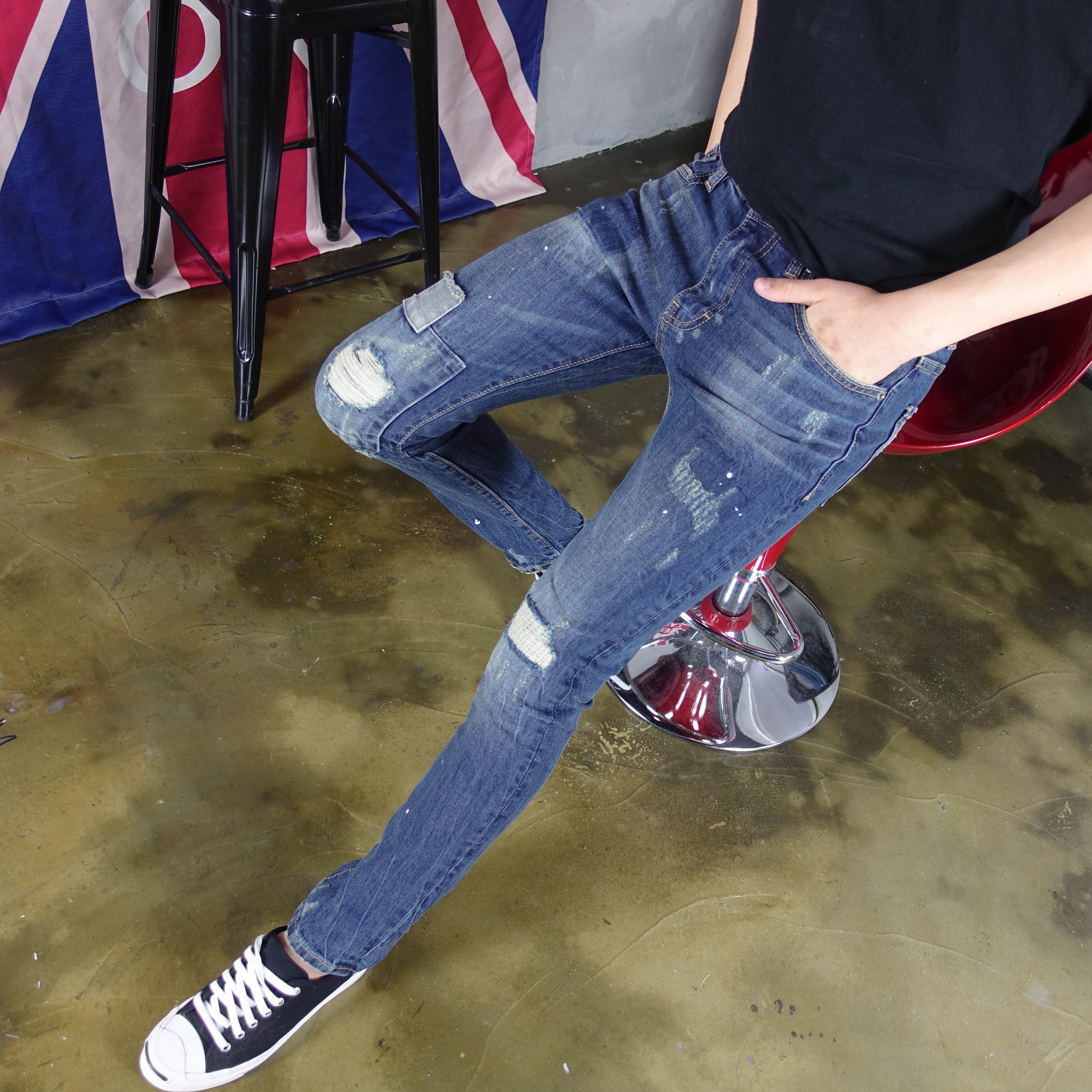 Korea Jeans Pants Damage Denim Patch Jeans Man Qua