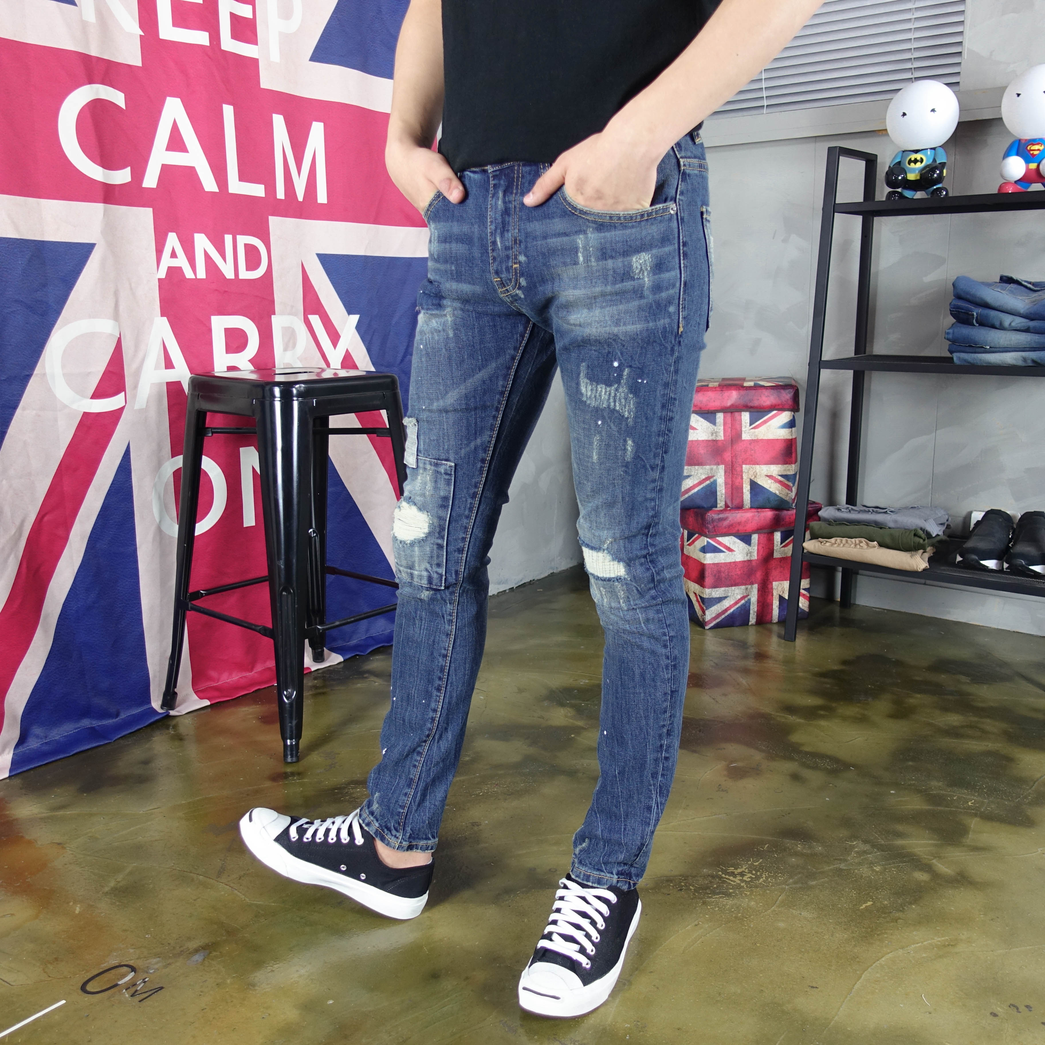 Korea Jeans Pants Damage Denim Patch Jeans Man Qua