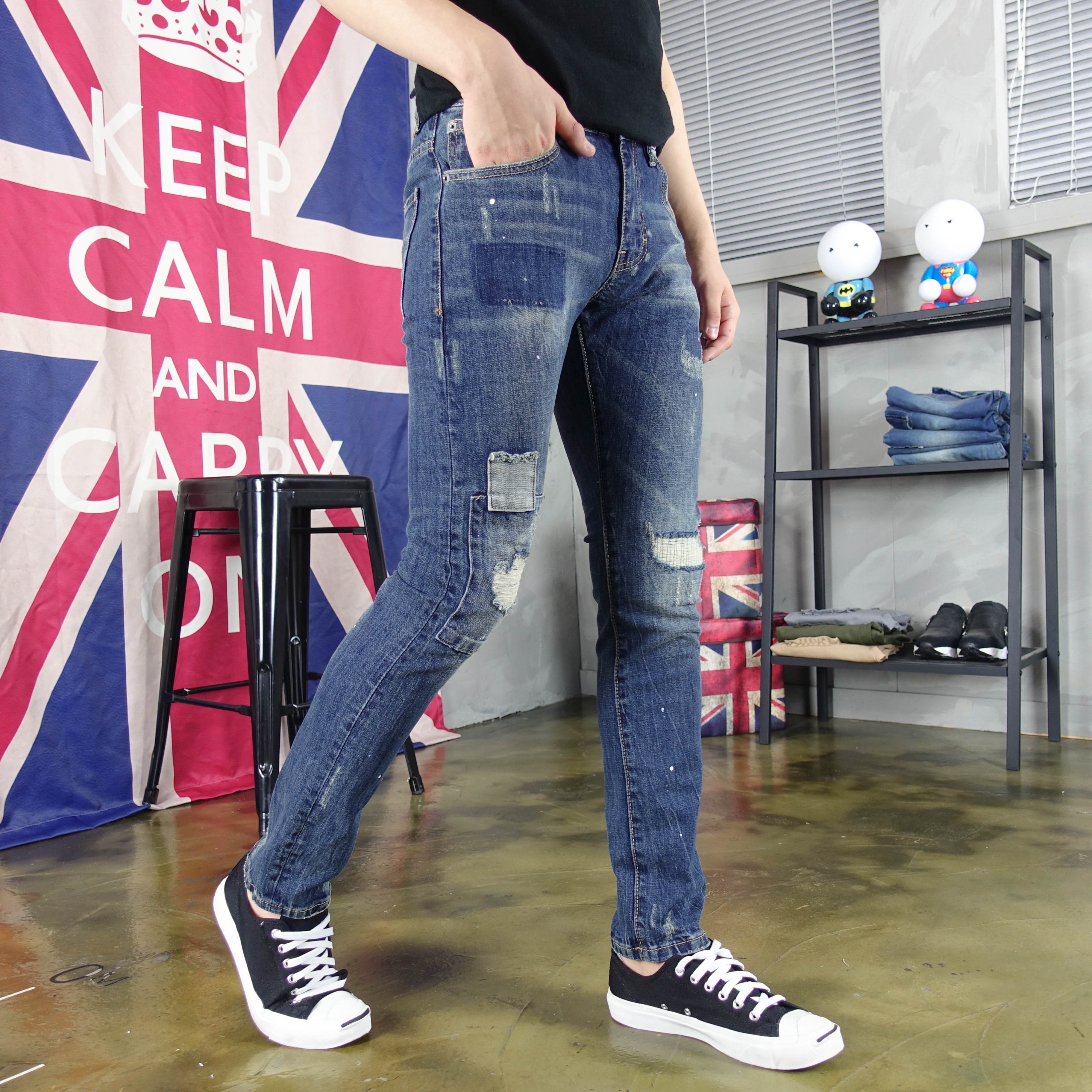 Korea Jeans Pants Damage Denim Patch Jeans Man Qua