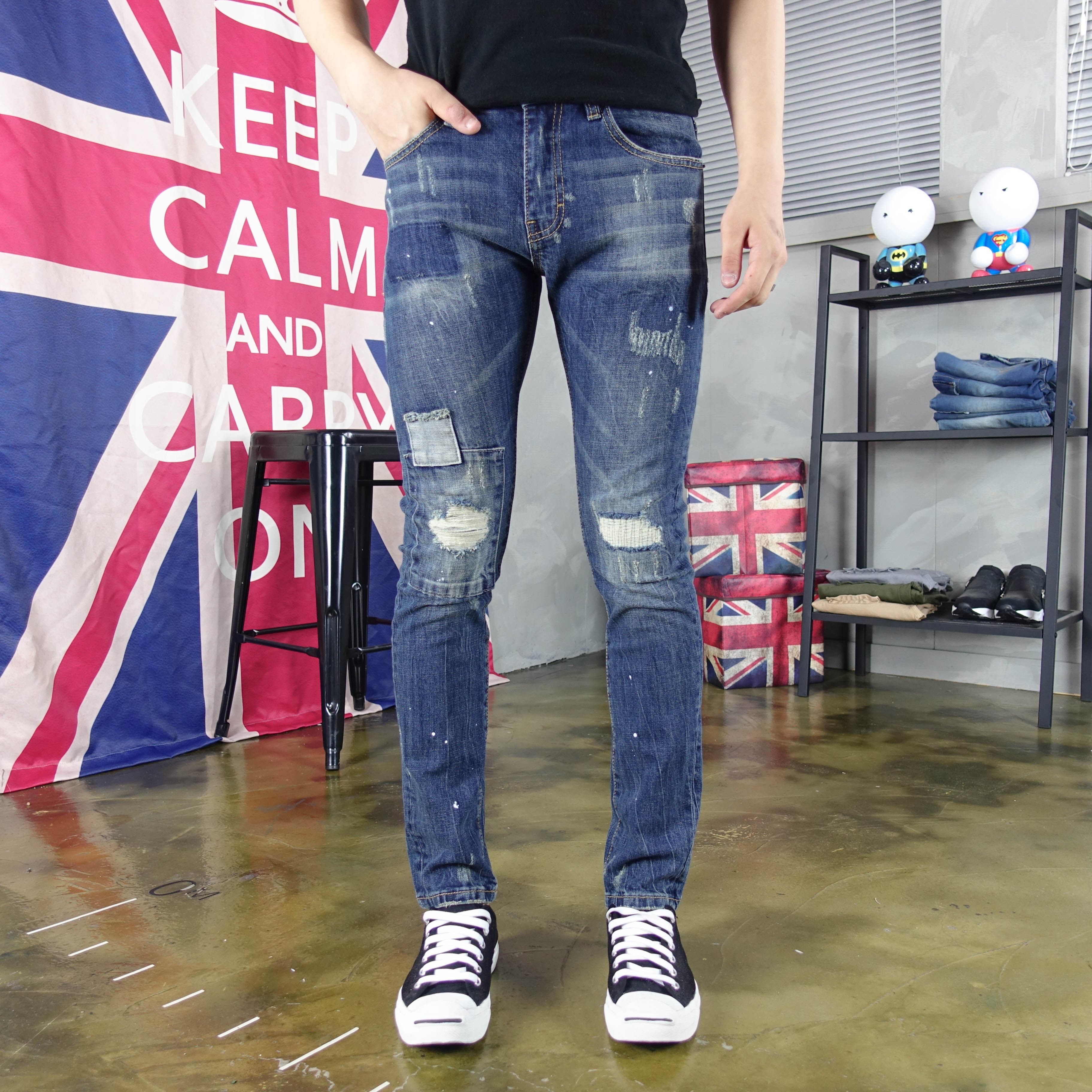 Korea Jeans Pants Damage Denim Patch Jeans Man Qua
