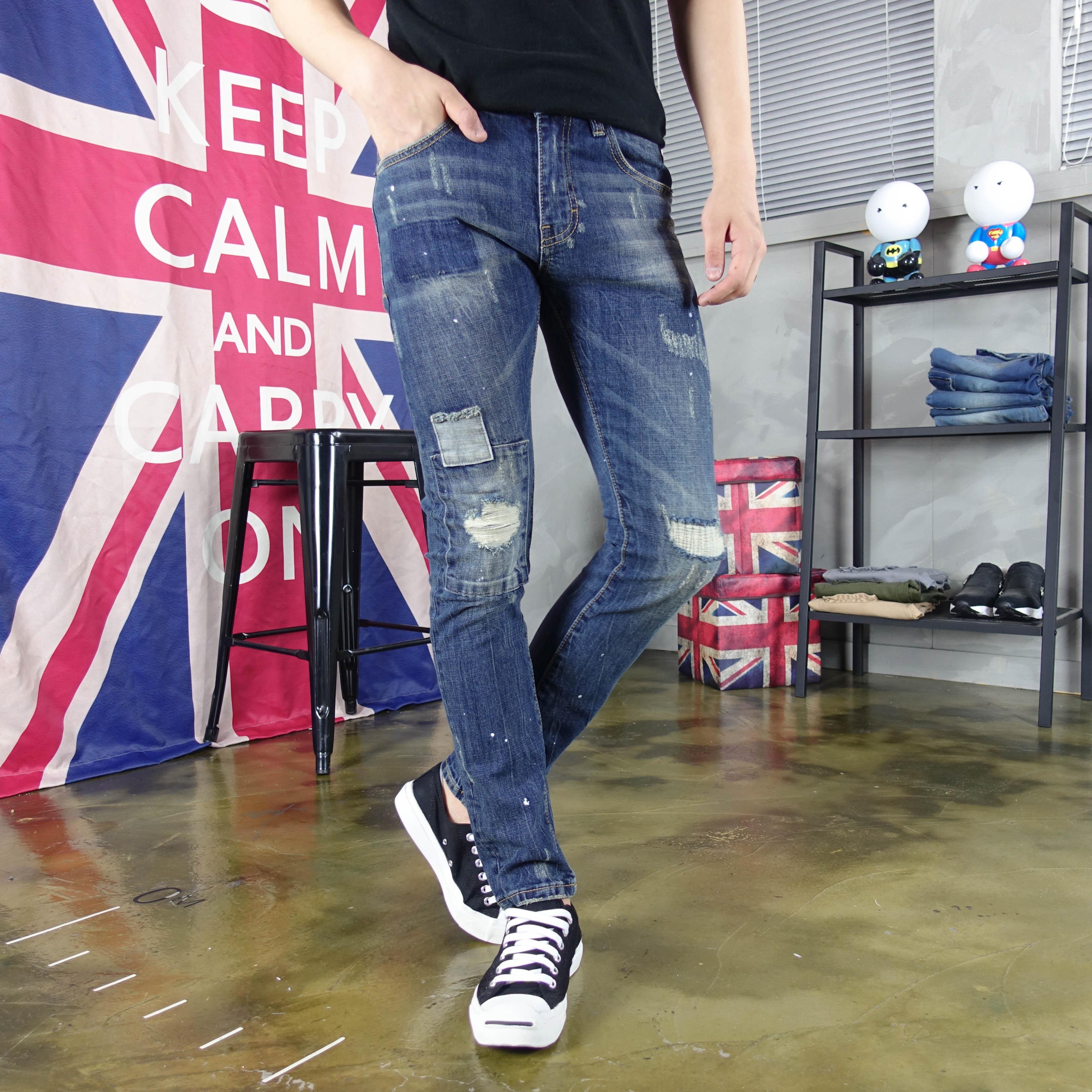 Korea Jeans Pants Damage Denim Patch Jeans Man Qua