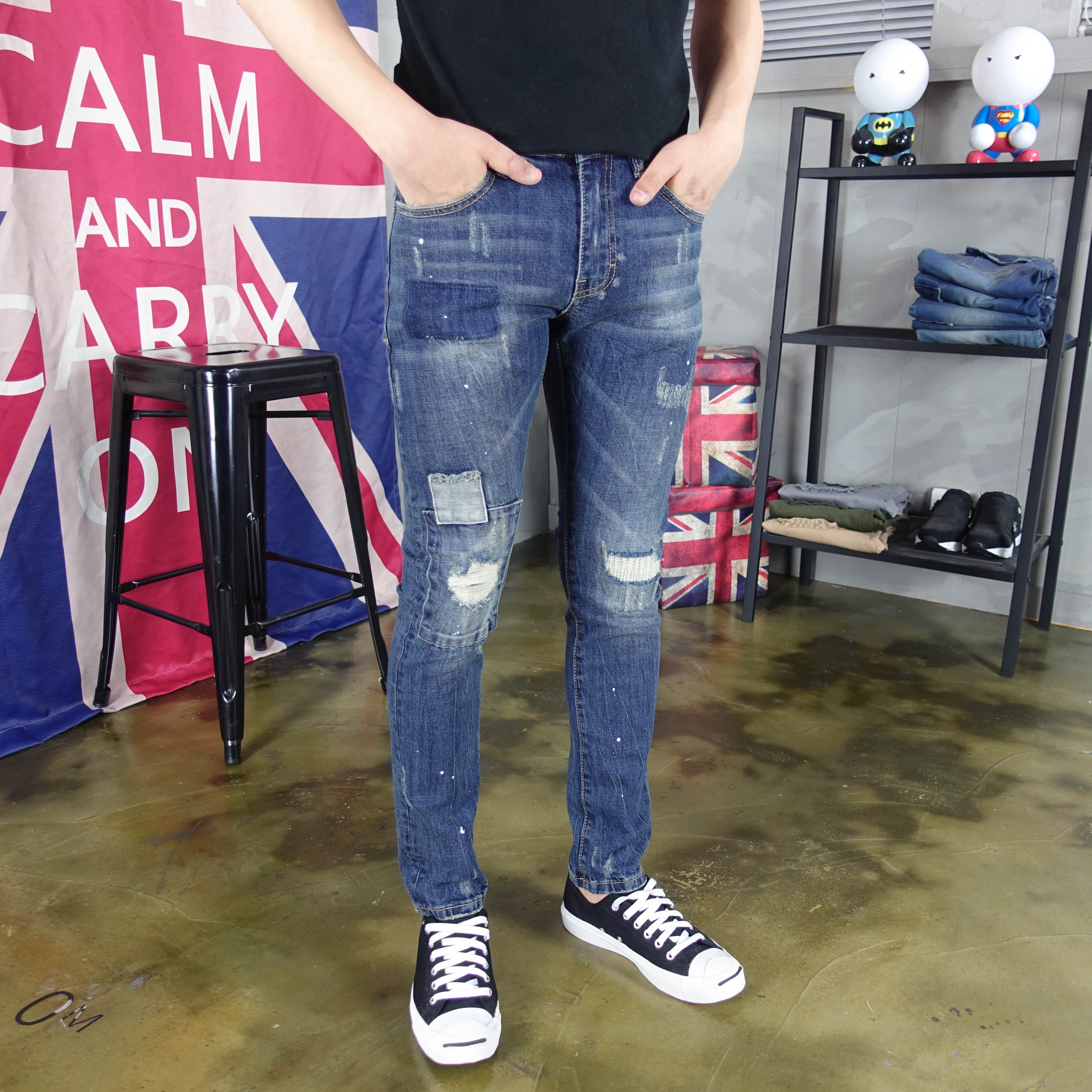 Korea Jeans Pants Damage Denim Patch Jeans Man Qua