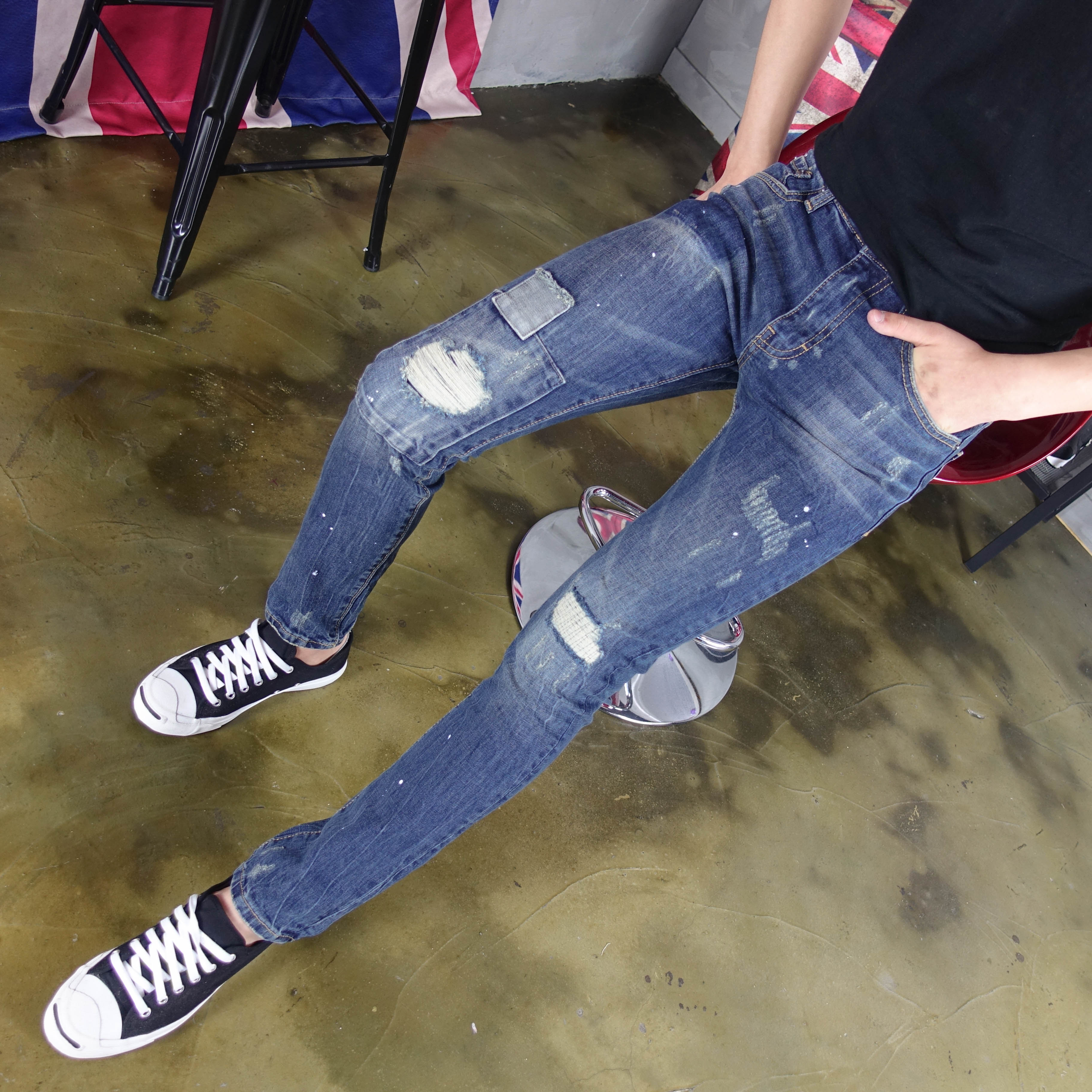 Korea Jeans Pants Damage Denim Patch Jeans Man Qua
