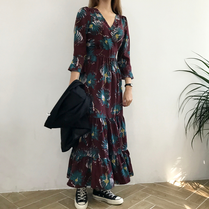 New Women Dress Flower Race Maxi Autumn Long Dress
