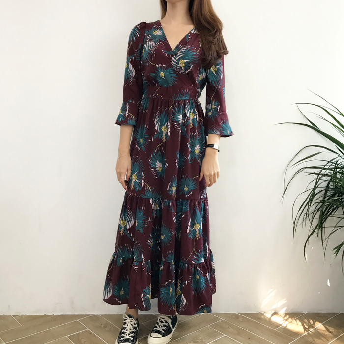 New Women Dress Flower Race Maxi Autumn Long Dress