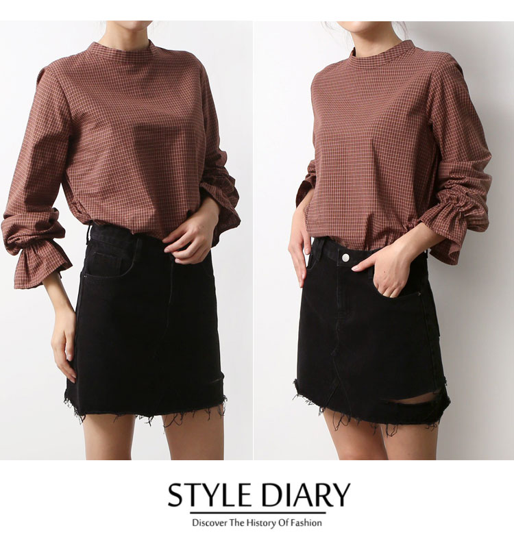 Women Blouses Check Sleeve Shirring Blouse-SWT1021