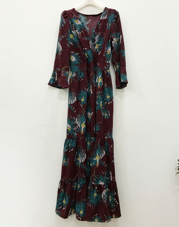 New Women Dress Flower Race Maxi Autumn Long Dress