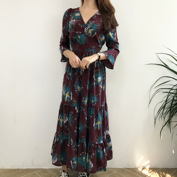 New Women Dress Flower Race Maxi Autumn Long Dress