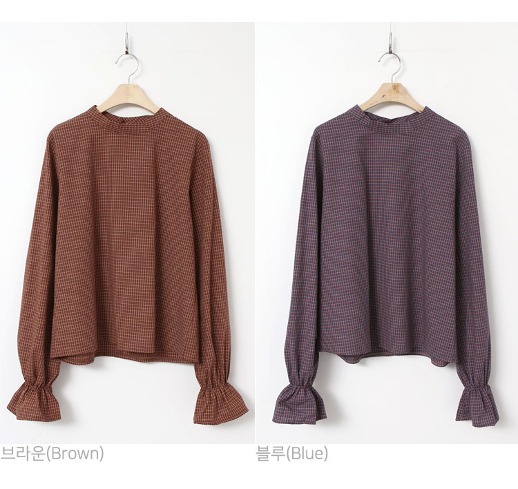 Women Blouses Check Sleeve Shirring Blouse-SWT1021