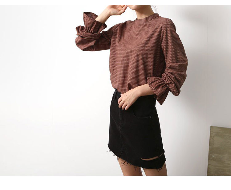 Women Blouses Check Sleeve Shirring Blouse-SWT1021