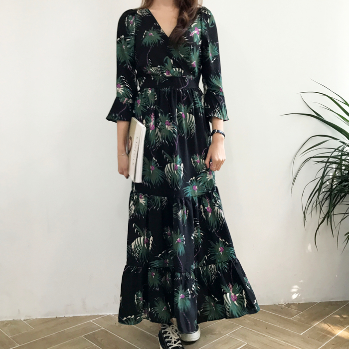 New Women Dress Flower Race Maxi Autumn Long Dress
