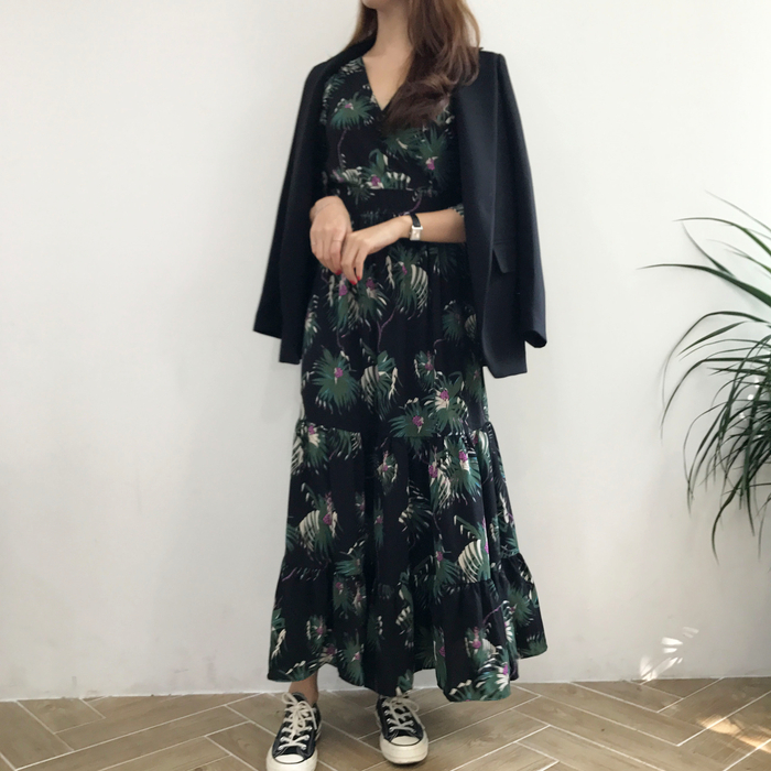 New Women Dress Flower Race Maxi Autumn Long Dress