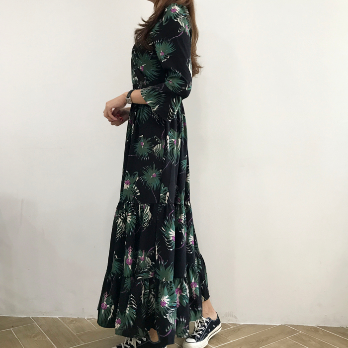 New Women Dress Flower Race Maxi Autumn Long Dress